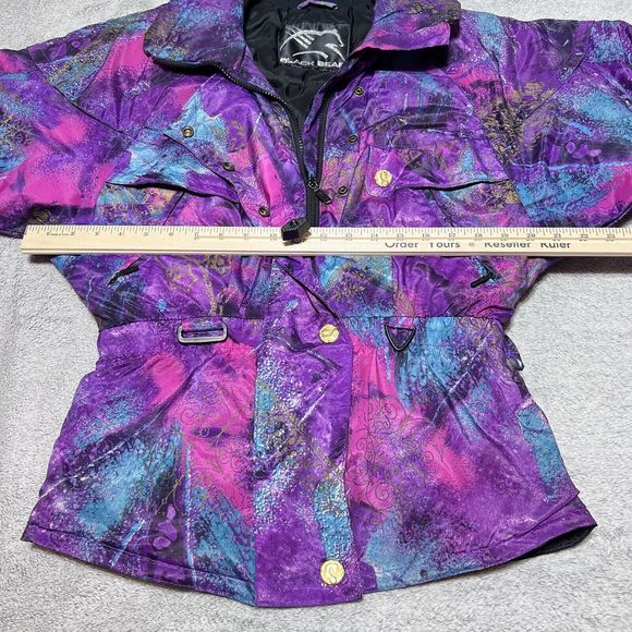 Vintage Black Bear Ski Jacket Womens 8 Purple Abstract Splash All Over Print 80s - Picture 9 of 13